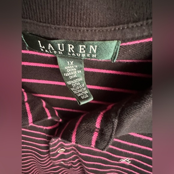 Lauren Ralph Lauren Black Pink Striped Polo Shirt Women’s 1XL Short Sleeve - Picture 3 of 6